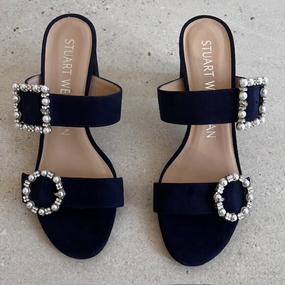Stuart Weitzman Pearl Geo Buckle 75 Slides - Picture 1 of 12